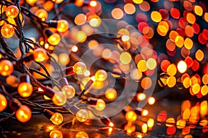 Christmas lights in bokeh. Outside in December. Red and fire orange bokeh on a black background, bokeh abstract background, modern photo