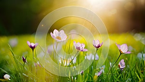 Bokeh outdoor background featuring sunny spring meadow, wild flowers