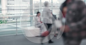 Bokeh, walking and business people at an airport for travel, holiday or working. Blur, busy lobby and group of corporate