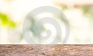 Bokeh and wood floor with blurred trees of beauty nature park background and summer season, product display montage