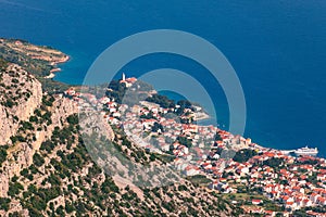 Bol on Brac island panoramic aerial view, Dalmatia, Croatia. Town of Bol from Vidova Gora aerial view, Island of Brac, Dalmatia,