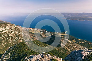 Bol on Brac island panoramic aerial view, Dalmatia, Croatia. Town of Bol from Vidova Gora aerial view, Island of Brac, Dalmatia,