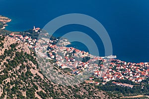 Bol on Brac island panoramic aerial view, Dalmatia, Croatia. Town of Bol from Vidova Gora aerial view, Island of Brac, Dalmatia,