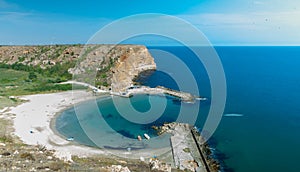 Aerial top down view of beautiful bay. Bolata beach on Black sea, Bulgaria. Famous bay near Cape Kaliakra