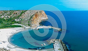 Aerial top down view of beautiful bay. Bolata beach on Black sea, Bulgaria. Famous bay near Cape Kaliakra