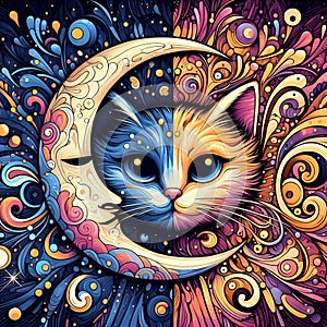 A bold and abstract painting art, two different things becomes one, the moon and cute cat, combined, cute and magical elements