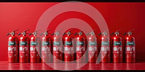 A Bold Array of Red Fire Extinguishers Against a Scarlet Backdrop Safety Meets Modern Design