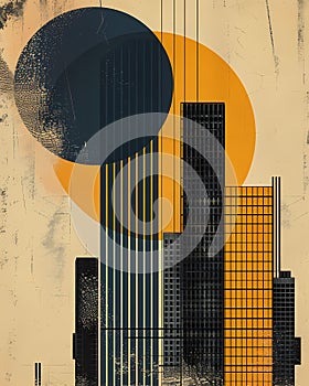 Bold Bauhaus Cityscape Painting: Vibrant Abstract Art with Geometric Shapes, Yellow Circle, and Black Accents