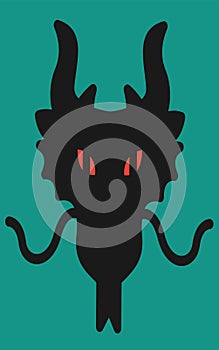 A bold black demonic beast head with fiery red eyes against an olive green backdrop
