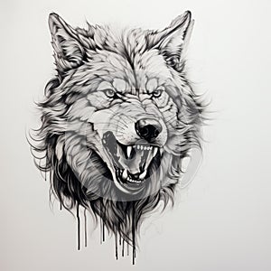 Bold Black Ink Wolf Painting On White Background photo