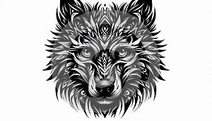 Intricate Tribal Tattoo of a Wolf\'s Face with Lifelike Eyes on Stark White Background photo