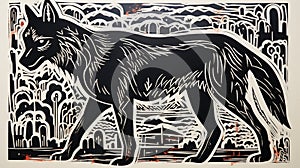 Bold Black And White Woodcut Of A Wolf In Terracotta Landscape