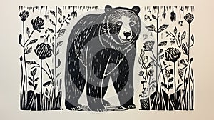 Bold Block Print Of A Bear In The Mountains