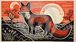 Bold Block Print Of A Fox In Vibrant Landscape
