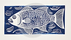 Bold Block Print Of A White Fish In Czech Blue
