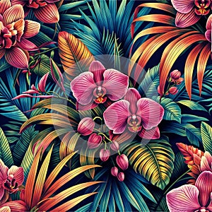 Bold Blossoms: Vibrant Floral Pattern with Pink Orchids on a Dark Background, generative ai