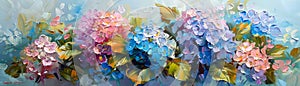 Bold brushstrokes of oil paint bring to life vibrant hydrangeas set against a soft blue background, capturing the essence of