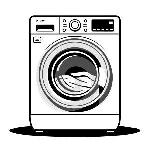 A bold cartoon-style illustration of a front-loading washing machine