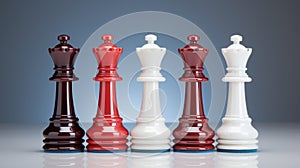 Bold Chess Pieces In White, Red, And Blue - A Unique Blend Of Precision And Style