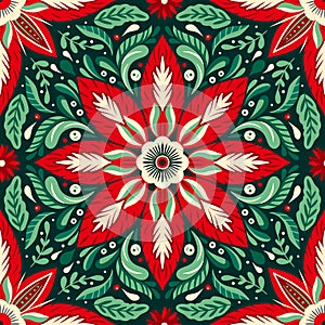 Bold Christmas floral motifs seamless pattern, fabric canvas, red green, nature boundless beauty ornate folk tile