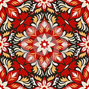 Bold Christmas vintage floral motifs seamless pattern, fabric canvas, red nature boundless beauty ornate folk tile