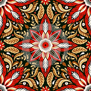 Bold Christmas vintage floral motifs seamless pattern, fabric canvas, red nature boundless beauty ornate folk tile
