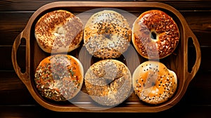 Bold Chromaticity Aerial Photography Of Bagel Slices On Wooden Tray