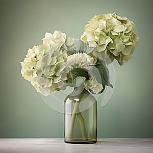 Bold Chromaticity: Hydrangea Flowers In Sage Green Vase