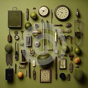 Bold Chromaticity: A Vibrant Collection Of Found Objects On Olive Background