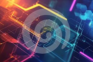 A bold, colorful abstract background featuring dynamic geometric patterns. Sharp-edged neon