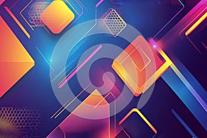 A bold, colorful abstract background featuring dynamic geometric patterns. Sharp-edged neon
