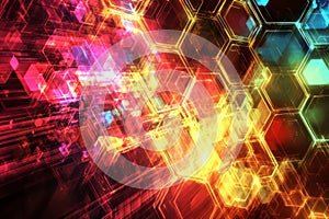 A bold, colorful abstract background featuring dynamic geometric patterns. Sharp-edged neon