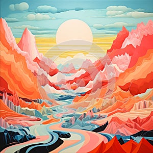 Bold And Colorful Abstract Mountain And Water Scene Illustration