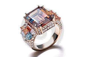 A Bold And Colorful Cocktail Ring With A Large Emeraldcut Gemstone White Background. Generative AI