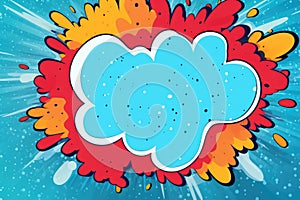 Bold and colorful comic style explosion cloud against a dotted blue backdrop in classic pop art tradition