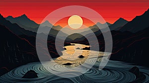 Bold And Colorful Graphic Design: River Flowing In Orange Sunset
