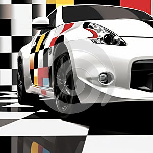 Bold And Colorful Graphic Design: White Sports Car On Checkered Board Background