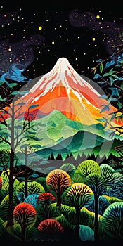 Bold And Colorful Moon Landscape Painting With Tree And Mountains photo