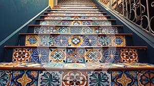 A bold and colorful pattern of Moroccaninspired tiles being meticulously p by tilers on a staircase adding a touch of photo