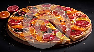 Bold And Colorful Pizza With Sliced Oranges And Grapes