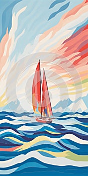 Bold And Colorful Sailing Boat On Abstract Seascape