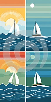 Bold And Colorful Seascapes With Sailboat: Playful And Fun Graphic Design
