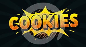 A bold comic book-style cookies sign with a vibrant explosion effect photo