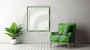 Bold Contrast: Empty Green Chair And Frame In Front Of White Wall