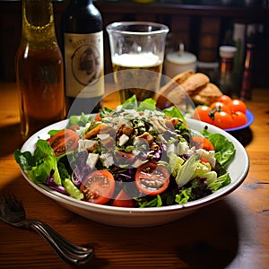 Bold And Crisp Salad With Vibrant Vegetables And A Refreshing Beer
