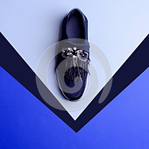 Bold dark blue female non-lacing shoe with an extravagant decorative element of rhinestones, chains, and feathers isolated on a