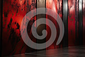 Bold and dramatic brushed metal wallpaper with a deep red and black color scheme, resembling an edgy and industrial look