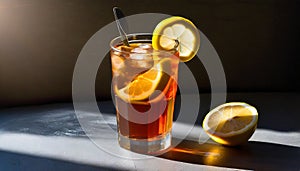 Bold And Dynamic Iced Lemon Tea With Contrasting Light And Shadow