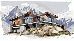 Bold And Dynamic Luxury Chalet Drawing On Rock - Comic-book Inspired Illustration