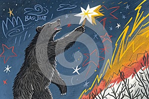 a bold and expressive painting in Basquiat-style, depicting a rawly sketched, powerful bear holding a brightly glowing star in its photo